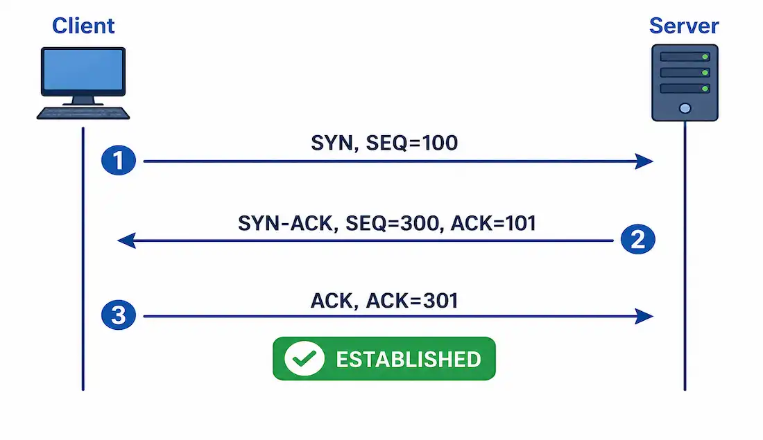 Understanding Tcp Three-Way Handshake: A Comprehensive Guide 1 Tcp Three-Way Handshake Sequence Diagram Showing Syn, Syn-Ack, And Ack Exchanged In Order Between Client And Server, Ending In An Established Connection