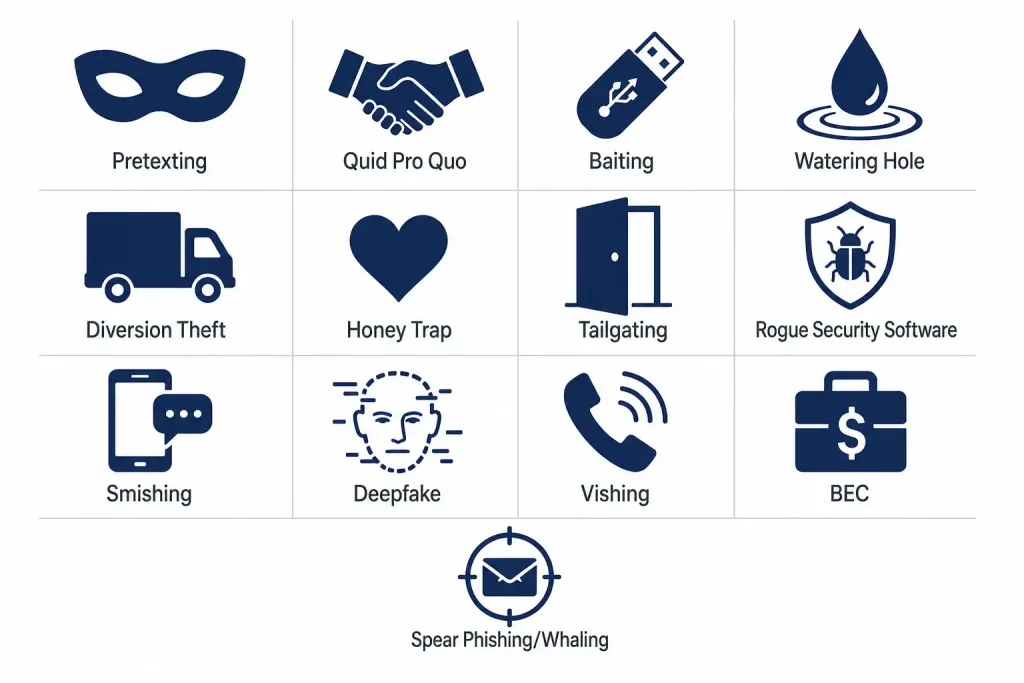 Social Engineering In Cybersecurity: Types, Real Examples, And Defense 2 Grid Of Thirteen Icons Representing The Major Types Of Social Engineering Attacks