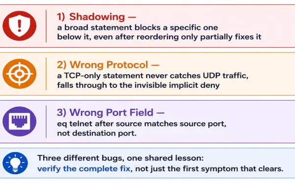 Three Acl Bug Patterns Summarized Side By Side — Statement Shadowing, Protocol Mismatch, And Wrong Port Field Placement