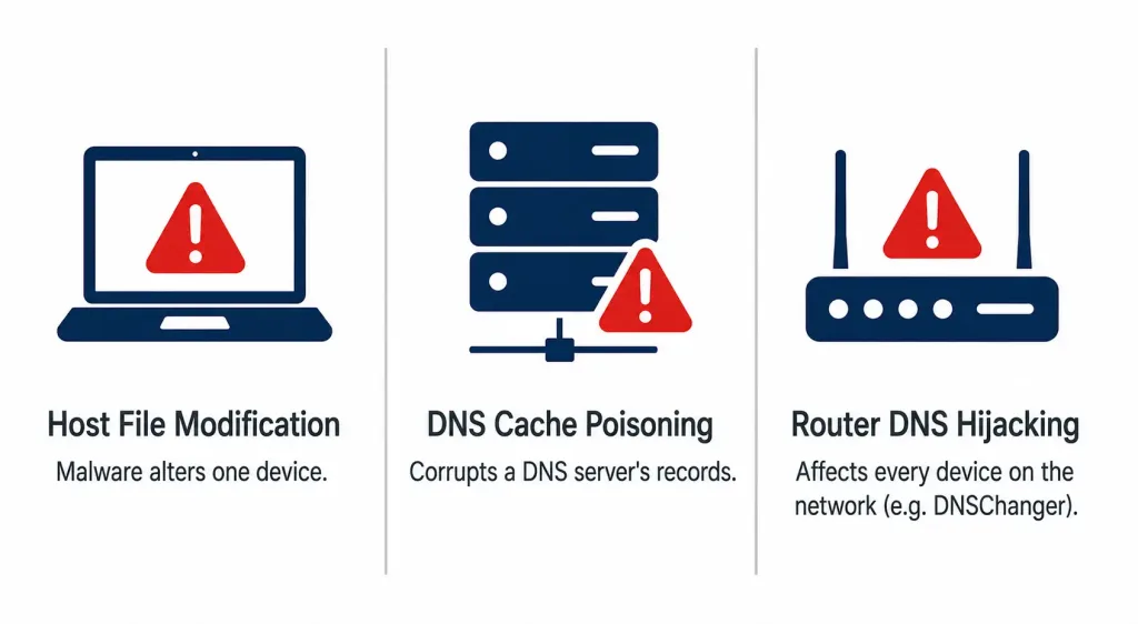 Vishing, Smishing, Pharming, And Whaling: Definitions, Examples, And Prevention 4 Three-Column Diagram Showing Host File Modification, Dns Cache Poisoning, And Router Dns Hijacking As Pharming Methods