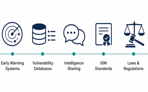 Row Of Five Icons Representing Early Warning Systems, Vulnerability Databases, Intelligence Sharing, Ism Standards, And Laws And Regulations