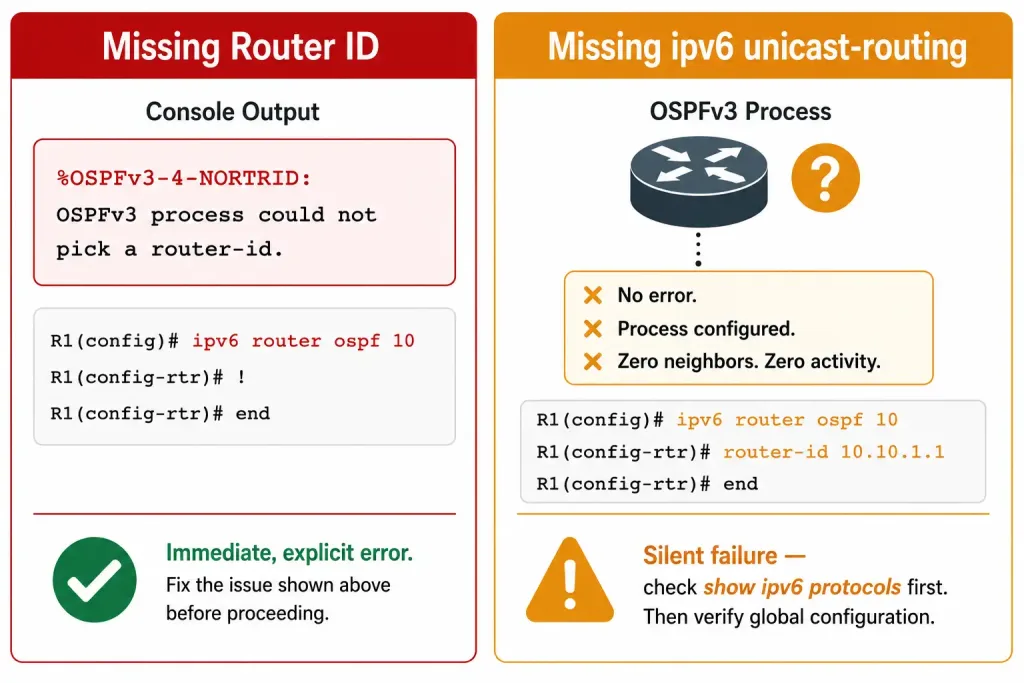 How To Configure Ospfv3: Complete Guide 2 Comparison Of Two Ospfv3 Configuration Failures — A Missing Router Id Producing An Explicit Error Message Versus A Missing Ipv6 Unicast-Routing Command Producing Silent Failure, Using Process 10 And Router Id 10.10.1.1 From The Article'S Own Examples