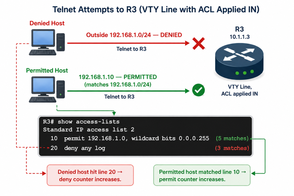 How To Configure Standard Acls To Secure Vty Ports 2 Topology Showing Pc0 Denied And Pc1 Permitted Telnet Access To Router R3, With Matching Show Access-Lists Counters Incrementing For Each