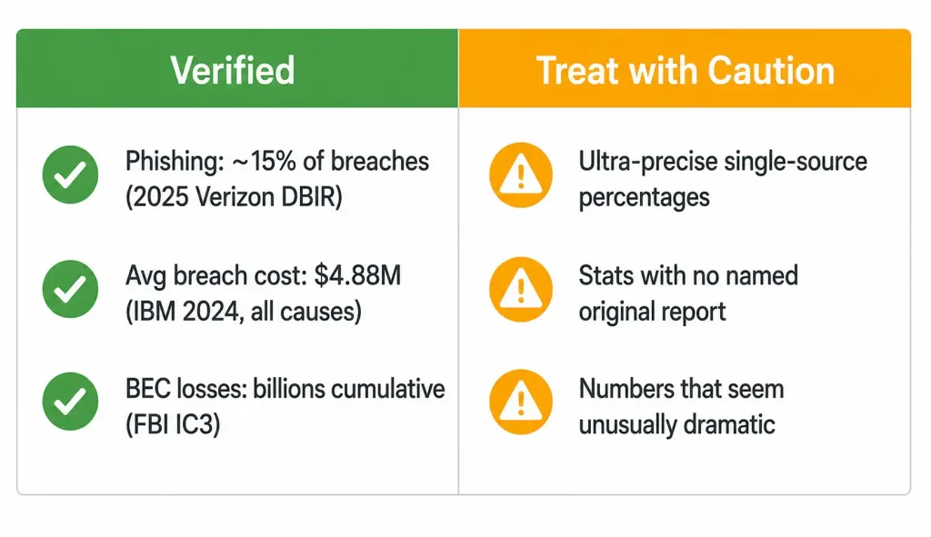 What Is Phishing? Types, Recognition, And Protection Strategies 4 Two-Column Chart Contrasting Verified Phishing Statistics Against Unverified Or Overly Precise Claims To Treat With Caution