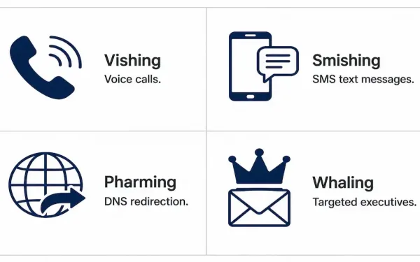 Four-Quadrant Diagram Showing Vishing, Smishing, Pharming, And Whaling With Icons For Voice, Text, Dns Redirection, And Executive Targeting