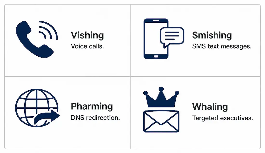 Vishing, Smishing, Pharming, And Whaling: Definitions, Examples, And Prevention 1 Four-Quadrant Diagram Showing Vishing, Smishing, Pharming, And Whaling With Icons For Voice, Text, Dns Redirection, And Executive Targeting