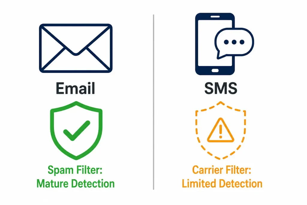 Vishing, Smishing, Pharming, And Whaling: Definitions, Examples, And Prevention 3 Comparison Diagram Showing Mature Email Spam Filtering Versus Limited Sms Carrier Filtering