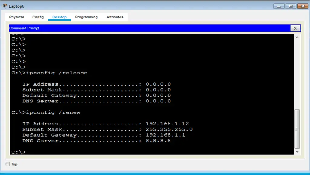 "Command Prompt window on Laptop0 in Cisco Packet Tracer showing IP release and renewal process. After running 'ipconfig /release', the IP address resets to 0.0.0.0. A subsequent 'ipconfig /renew' command successfully assigns IP 192.168.1.12, subnet mask 255.255.255.0, gateway 192.168.1.1, and DNS 8.8.8.8 via DHCP.
