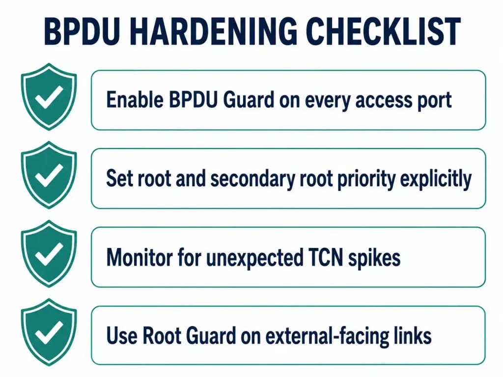Bridge Protocol Data Unit (Bpdu): Frame Format, Fields, And How Root Bridge Election Actually Works 4 Checklist Of Four Bpdu Security Hardening Steps Including Bpdu Guard, Root Priority, Tcn Monitoring, And Root Guard