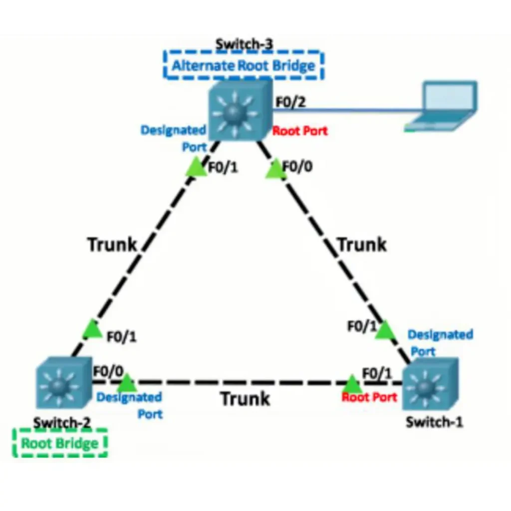 Cisco spanning tree diagram showing PortFast  and BPDU Guard configuration on Switch-3 Fa0/2 access port, with bridge IDs, VLAN 10, and end-host connection to illustrate loop prevention in STP.