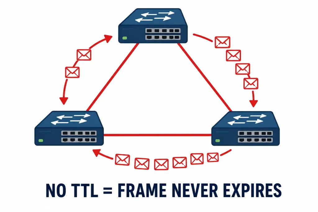Troubleshooting Spanning-Tree Protocol: A Practical Workflow 2 Diagram Showing A Flooded Frame Multiplying As It Circulates Through An Active Bridging Loop Between Three Switches