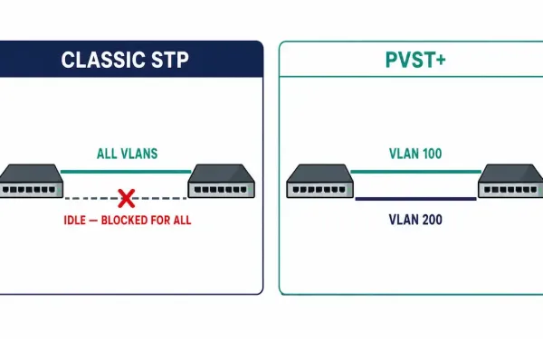 Side-By-Side Comparison Showing Classic Stp Leaving One Uplink Idle Versus Pvst+ Using Both Uplinks For Different Vlans