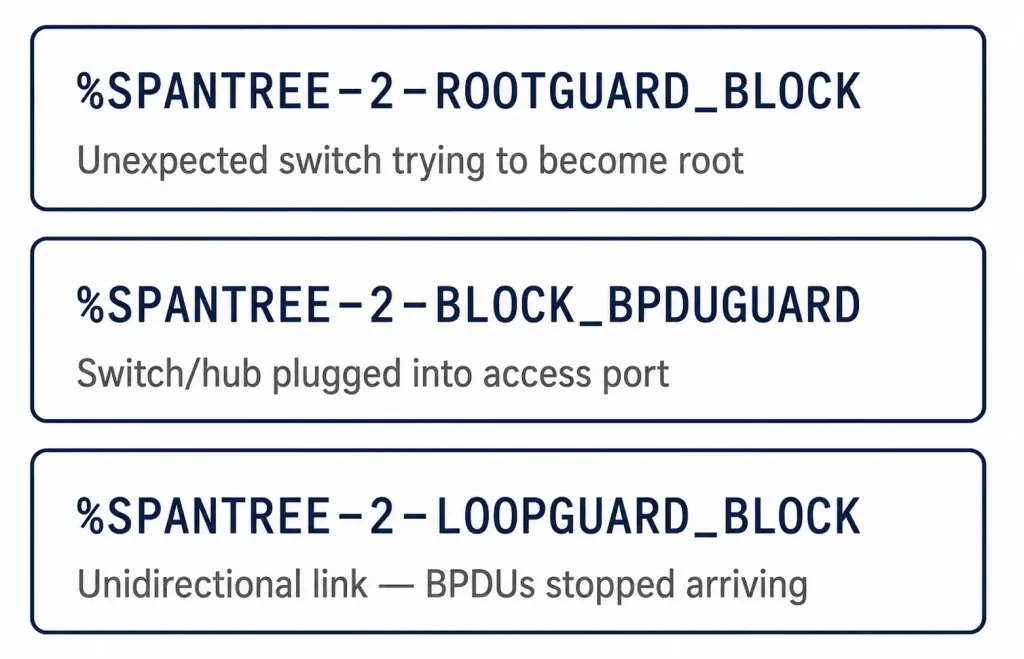 Troubleshooting Spanning-Tree Protocol: A Practical Workflow 4 Three Annotated Syslog Messages Showing Root Guard, Bpdu Guard, And Loop Guard Blocking Events With Plain-Language Explanations