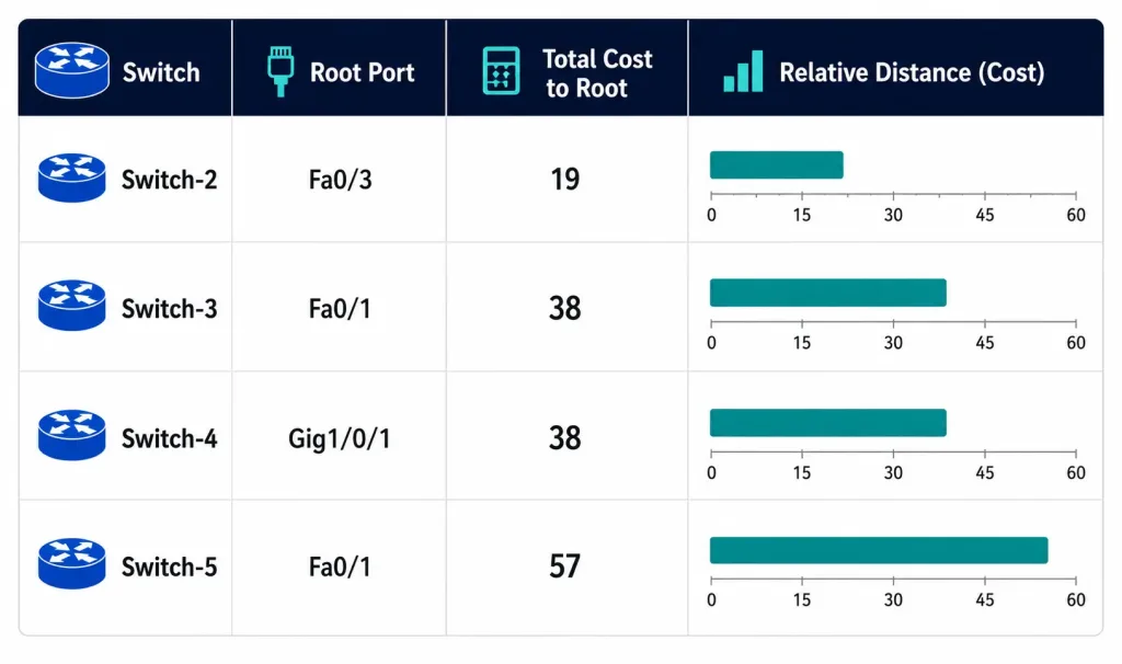 Spanning Tree Path Cost: Root Port Election Explained 3 Bar-Style Summary Table Showing Each Switch'S Root Port And Total Path Cost To The Root Bridge: Switch-2 Via Fa0/3 At Cost 19, Switch-3 Via Fa0/1 At Cost 38, Switch-4 Via Gig1/0/1 At Cost 38, And Switch-5 Via Fa0/1 At Cost 57