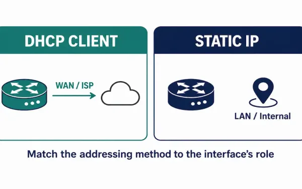 Two-Panel Comparison Showing Dhcp Client Addressing Suited To Wan/Isp Interfaces On The Left And Static Ip Addressing Suited To Internal Lan Interfaces On The Right