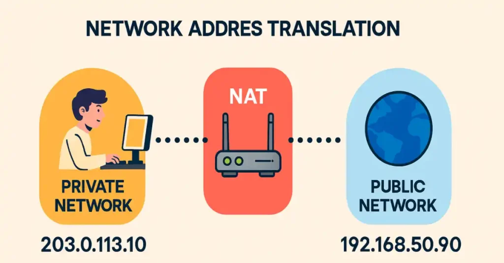 Network Address Translation (NAT) diagram showing private IP 203.0.113.10 translated to public IP 192.168.50.90 via router