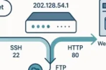 Diagram illustrating port forwarding with traffic from public IP to private web server through a router, showing port numbers and NAT configuration pathways.