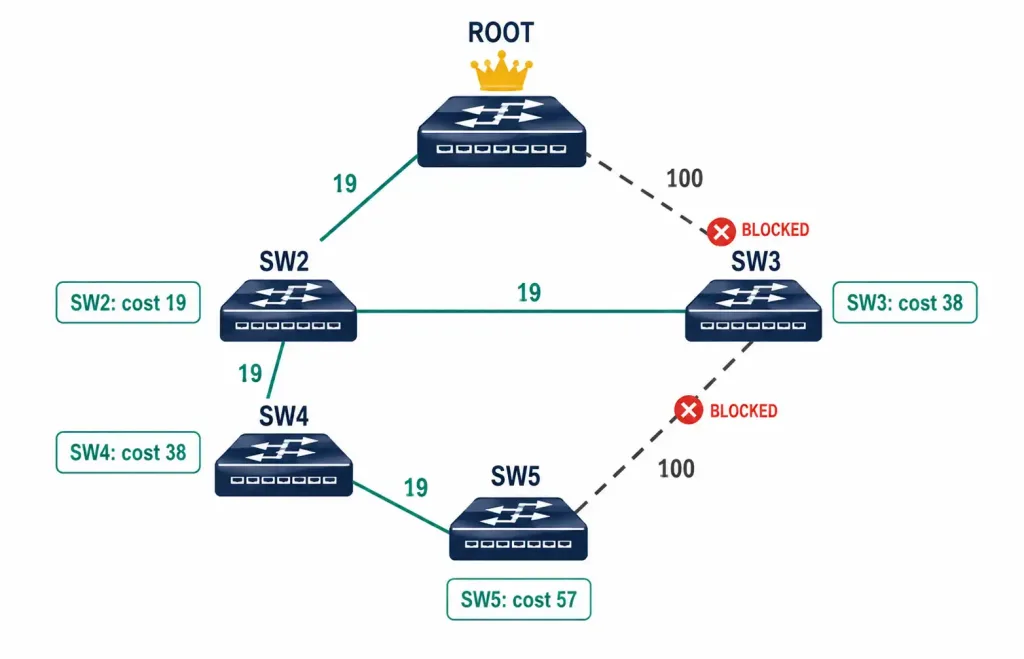 Spanning Tree Path Cost: Root Port Election Explained 2 Five-Switch Topology Diagram With Two Overlapping Loops, Showing Each Switch'S Root Port And Total Path Cost To The Root Bridge