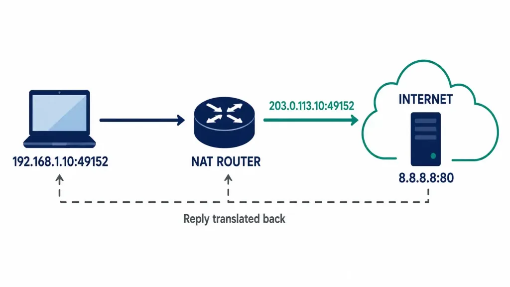 Network Address Translation (Nat) &Amp; Rfc 1918 Private Ipv4 Addresses 2 Diagram Showing A Private Address And Port Translated To A Public Address And Port By A Nat Router, With The Reply Translated Back On Return