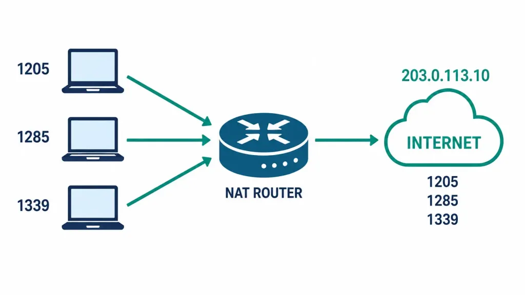 What Are The Types Of Nat Translation? 2 Diagram Showing Three Internal Devices With Different Source Ports Sharing A Single Public Address Through Pat, With Port Numbers Preserved