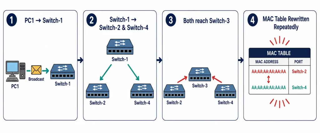 Network Redundancy: Layer 1/2 Loops, Stp, And Failover Design 2 Four-Step Diagram Showing How A Broadcast Frame Looping Between Switches Causes Repeated, Conflicting Mac Address Table Updates