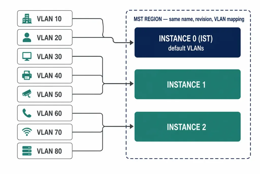 Types Of Spanning Tree Protocols: Stp, Pvst+, Rstp, Rapid Pvst+, And Mstp Compared 3 Diagram Showing Multiple Vlans Mapped Into A Small Number Of Mst Instances Within One Region