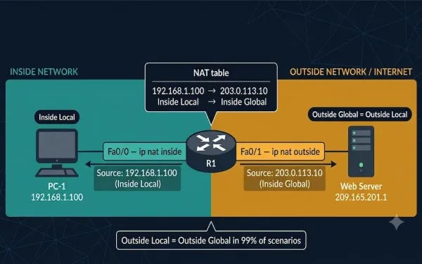 Nat Terminology Topology Diagram Showing Pc-1 With Inside Local 192.168.1.100 On The Inside Network Translated By Nat Router R1 To Inside Global 203.0.113.10 Destined For Web Server At Outside Global And Outside Local 209.165.201.1 On The Outside Network
