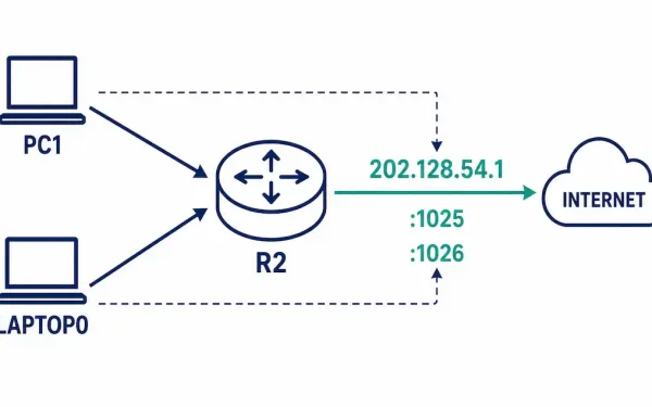 Diagram Showing Pc1 And Laptop0 Sharing A Single Public Address Through Pat, Differentiated By Port Numbers 1025 And 1026