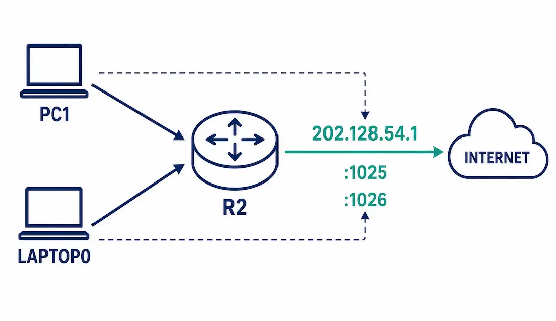How To Configure Port Address Translation (Pat) 1 Diagram Showing Pc1 And Laptop0 Sharing A Single Public Address Through Pat, Differentiated By Port Numbers 1025 And 1026