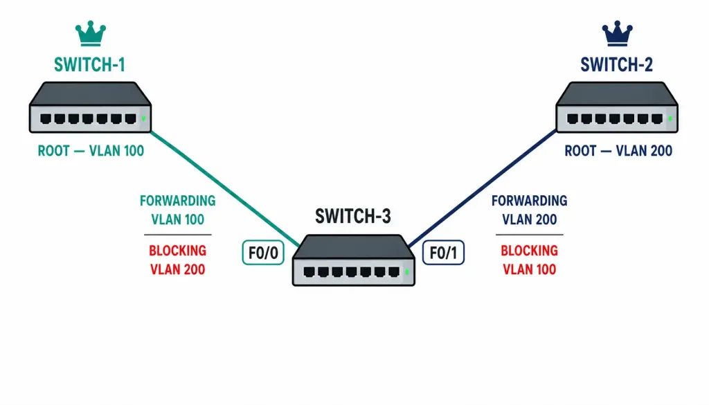 Pvst+: Per-Vlan Spanning Tree Explained 3 Three-Switch Topology Showing Switch-3'S Two Trunk Ports Each Forwarding A Different Vlan Toward Two Different Root Bridges