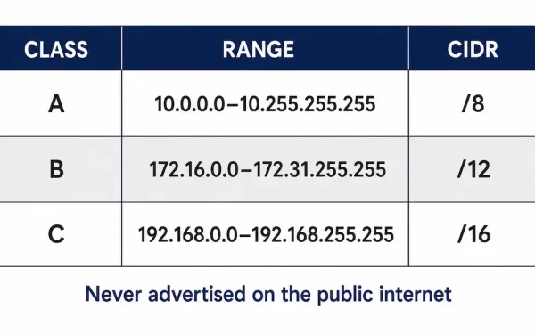 Reference Table Of The Three Rfc 1918 Private Ipv4 Address Ranges — Class A 10.0.0.0/8, Class B 172.16.0.0/12, Class C 192.168.0.0/16