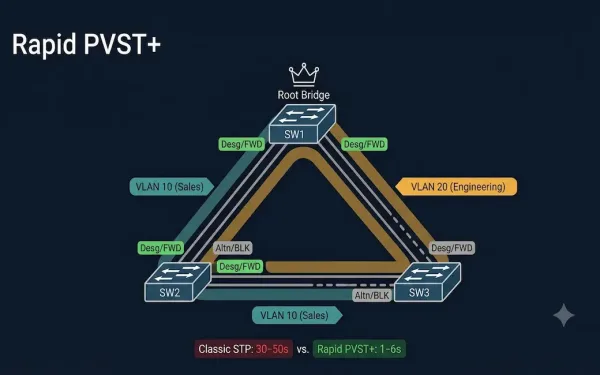 Three-Switch Topology Showing Independent Per-Vlan Spanning Trees For Vlan 10 And Vlan 20, With The Root Switch Crowned, Designated Forwarding And Alternate Blocking Port Roles Labeled, And A Convergence Time Comparison Showing Classic Stp At 30 To 50 Seconds Versus Rapid Pvst+ At 1 To 6 Seconds