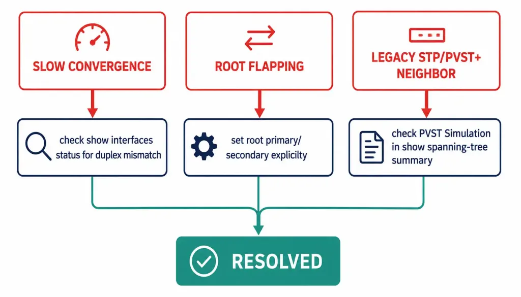 How To Configure Spanning-Tree Mode: Rapid Pvst+ 4 Flowchart Matching Three Common Rapid Pvst+ Symptoms To Their Diagnostic Commands And Fixes