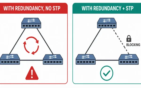 Comparison Showing Redundant Switch Links Without Stp Causing A Loop Versus The Same Topology With Stp Safely Blocking One Redundant Path