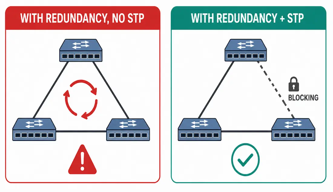 Network Redundancy: Layer 1/2 Loops, Stp, And Failover Design 1 Comparison Showing Redundant Switch Links Without Stp Causing A Loop Versus The Same Topology With Stp Safely Blocking One Redundant Path