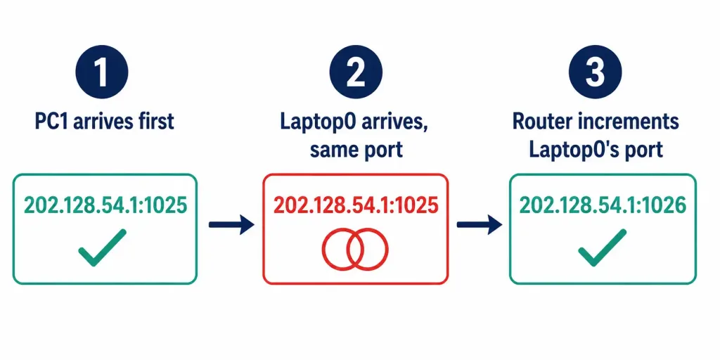 How To Configure Port Address Translation (Pat) 3 Three-Step Diagram Showing How Pat Resolves A Port Conflict By Incrementing The Second Device'S Port From 1025 To 1026