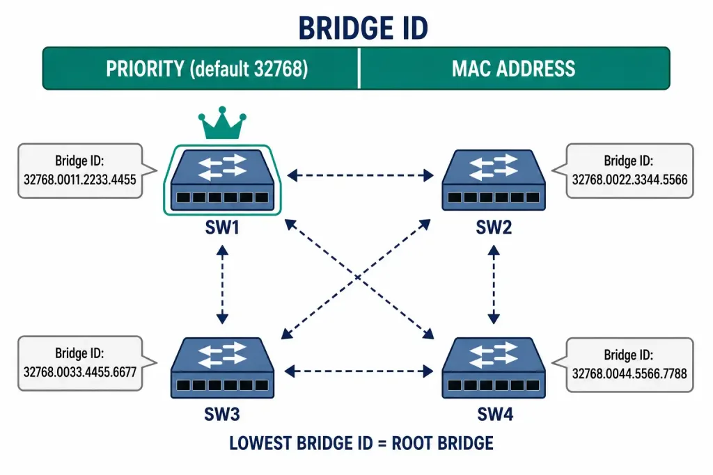 Spanning Tree Protocol (Stp): The Complete Guide To Loop-Free Switched Networks 2 Diagram Of Four Switches Exchanging Bpdus To Elect A Root Bridge Based On Lowest Bridge Id