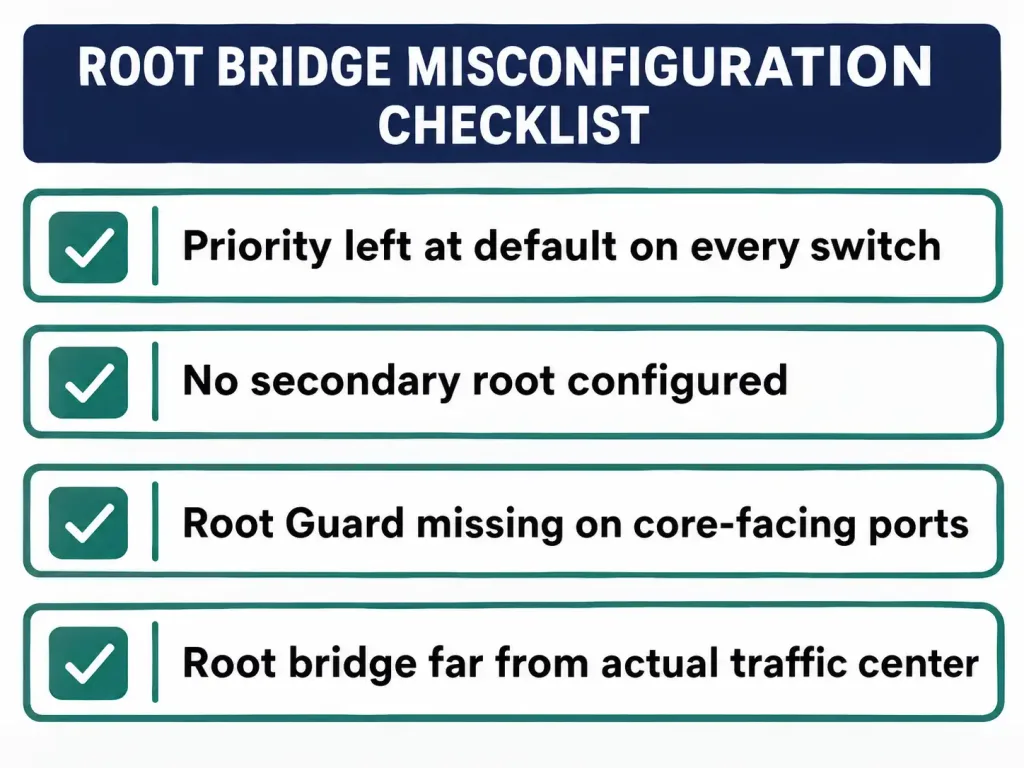 Spanning Tree Root Bridge: Election, Bridge Id, And Configuration 4 Checklist Of Four Common Root Bridge Misconfigurations Including Default Priority, Missing Secondary Root, And Missing Root Guard