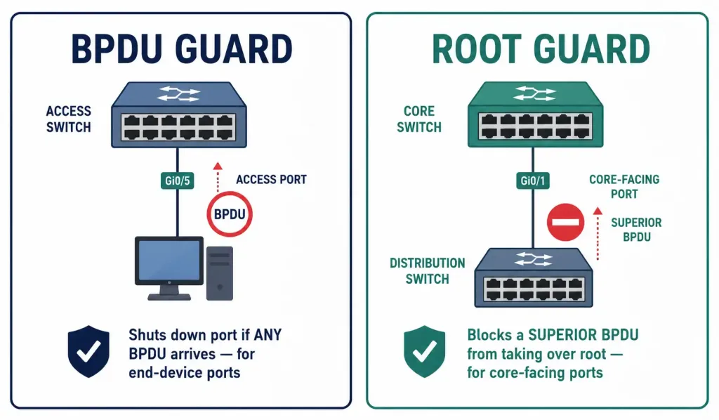 Spanning Tree Root Bridge: Election, Bridge Id, And Configuration 3 Side-By-Side Comparison Of Root Guard And Bpdu Guard Showing What Each Feature Protects Against