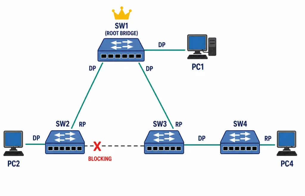 Spanning Tree Port Roles Explained: Root, Designated, Alternate, And Backup 3 Four-Switch Topology Diagram Labeling Each Port As Root, Designated, Or Non-Designated/Blocking