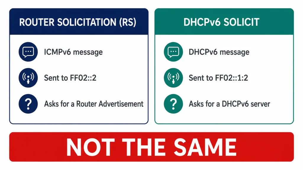How Dhcpv6 Operation Works 2 Side-By-Side Comparison Distinguishing Icmpv6 Router Solicitation Sent To Ff02::2 From The Separate Dhcpv6 Solicit Message Sent To Ff02::1:2