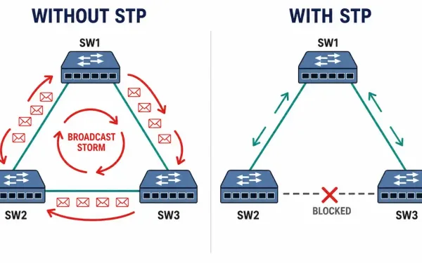 Diagram Showing An Unprotected Network Loop Causing A Broadcast Storm Next To The Same Topology With Stp Blocking A Redundant Link
