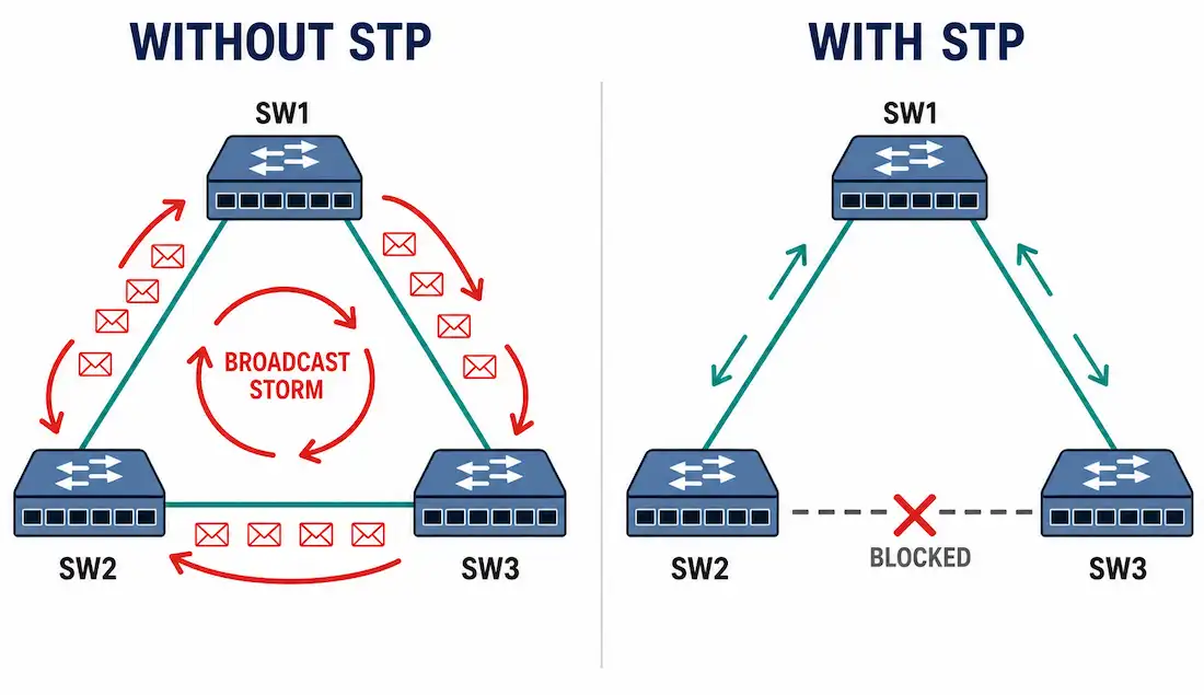 Spanning Tree Protocol (Stp): The Complete Guide To Loop-Free Switched Networks 1 Diagram Showing An Unprotected Network Loop Causing A Broadcast Storm Next To The Same Topology With Stp Blocking A Redundant Link