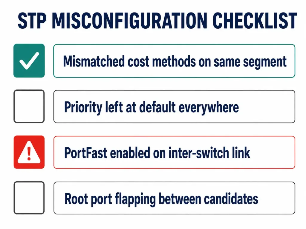 Spanning Tree Port Roles Explained: Root, Designated, Alternate, And Backup 4 Checklist Graphic Of Four Common Stp Port Role Misconfigurations And Their Fixes