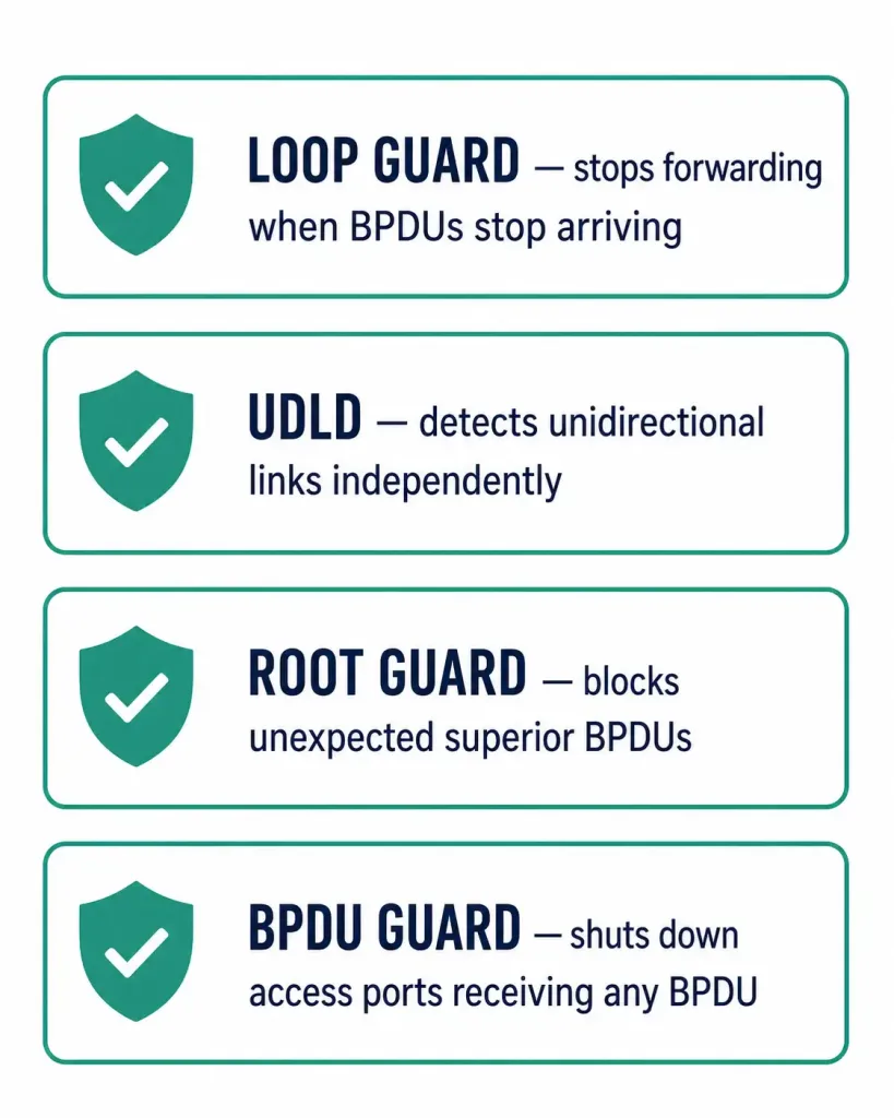 Troubleshooting Spanning-Tree Protocol: A Practical Workflow 3 Four-Item Reference Showing Loop Guard, Udld, Root Guard, And Bpdu Guard With What Each One Prevents