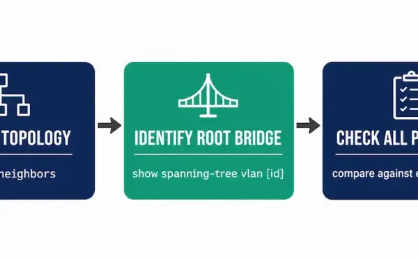Three-Step Flowchart Showing Topology Discovery, Root Bridge Identification, And Port Role Verification