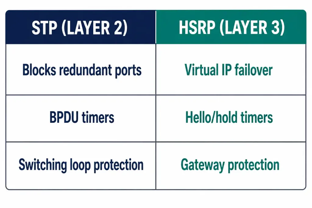 Network Redundancy: Layer 1/2 Loops, Stp, And Failover Design 3 Two-Column Comparison Of Stp At Layer 2 And Hsrp At Layer 3, Covering Their Mechanisms, Timers, And What Each Protects Against