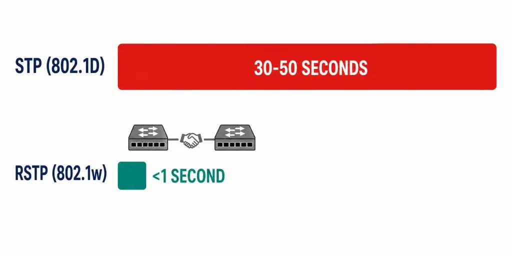 Spanning Tree Protocol (Stp): The Complete Guide To Loop-Free Switched Networks 4 Side-By-Side Timeline Comparing Stp'S 30-50 Second Convergence To Rstp'S Sub-Second Convergence