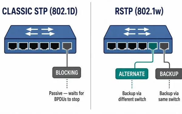 Diagram Contrasting Classic Stp'S Single Blocking Role With Rstp'S Split Alternate And Backup Port Roles
