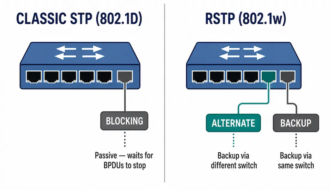 Spanning Tree Port Roles Explained: Root, Designated, Alternate, And Backup 1 Diagram Contrasting Classic Stp'S Single Blocking Role With Rstp'S Split Alternate And Backup Port Roles